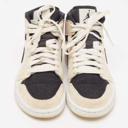 Pre Owned Air Jordans Beige/Black Nubuck Leather Jordan 1 Mid Barely Orange Sneakers Size 36