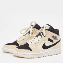 Pre Owned Air Jordans Beige/Black Nubuck Leather Jordan 1 Mid Barely Orange Sneakers Size 36