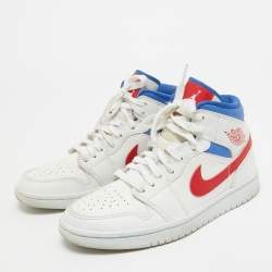 مملوكة مسبقًا Air Jordans Tricolor Leather Air Jordan 1 Mid White Blue Red Sneakers Size 37.5