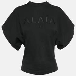 Pre Owned Alaia Black Logo Embroidered Cotton Wide Sleeve T-Shirt S
