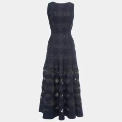 Pre Owned Alaia Midnight Blue Floral Lurex Knit Sleeveless Midi Dress XS