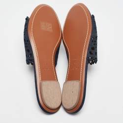 Alaia Navy Blue Laser Cut Denim Flat Slides Size 40