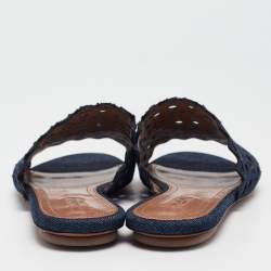 Alaia Navy Blue Laser Cut Denim Flat Slides Size 40