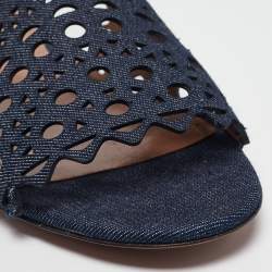 Alaia Navy Blue Laser Cut Denim Flat Slides Size 40