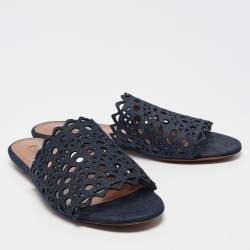 Alaia Navy Blue Laser Cut Denim Flat Slides Size 40