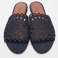 Alaia Navy Blue Laser Cut Denim Flat Slides Size 40