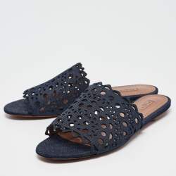 Alaia Navy Blue Laser Cut Denim Flat Slides Size 40