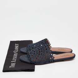 Alaia Navy Blue Laser Cut Denim Flat Slides Size 40