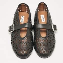 Pre Owned Alaia Black Perforated Leather Mary Jane Ballet Flats Size 37