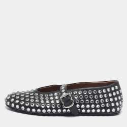 Pre Owned Alaia Black Leather Crystal Embellished Mary Jane Ballet Flats Size 38