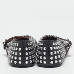 Pre Owned Alaia Black Leather Crystal Embellished Mary Jane Ballet Flats Size 38