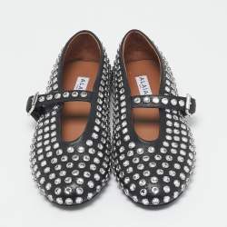 Pre Owned Alaia Black Leather Crystal Embellished Mary Jane Ballet Flats Size 38