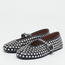Pre Owned Alaia Black Leather Crystal Embellished Mary Jane Ballet Flats Size 38