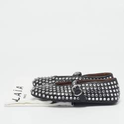 Pre Owned Alaia Black Leather Crystal Embellished Mary Jane Ballet Flats Size 38