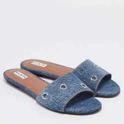 Alaia Blue Denim Oeillets Flat Slides Size 40