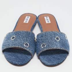 Alaia Blue Denim Oeillets Flat Slides Size 40