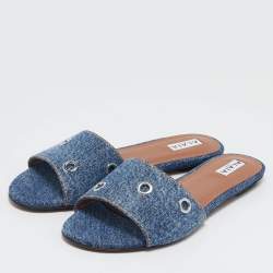 Alaia Blue Denim Oeillets Flat Slides Size 40