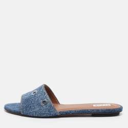 Alaia Blue Denim Oeillets Flat Slides Size 40