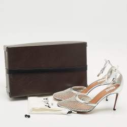 مملوكة مسبقًا صندل علایا شبكة سوداء وجلد لامع بشبكة فتحات بحزام للكاحل مقاس 36