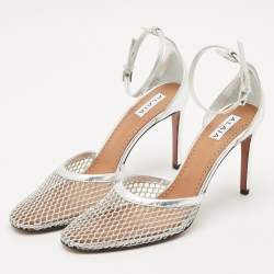 مملوكة مسبقًا صندل علایا شبكة سوداء وجلد لامع بشبكة فتحات بحزام للكاحل مقاس 36