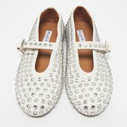 Pre Owned Alaia White Leather Crystal Embellished Mary Jane Ballet Flats Size 39