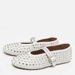 Pre Owned Alaia White Leather Crystal Embellished Mary Jane Ballet Flats Size 39