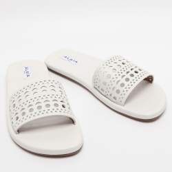 Pre Owned Alaia White Leather Vienne Flat Slide Size 38