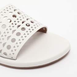 Pre Owned Alaia White Leather Vienne Flat Slide Size 38