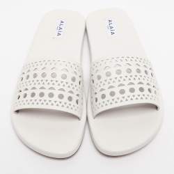Pre Owned Alaia White Leather Vienne Flat Slide Size 38