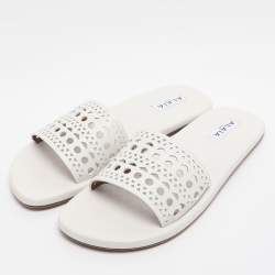 Pre Owned Alaia White Leather Vienne Flat Slide Size 38