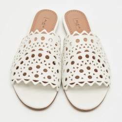 Pre Owned Alaia White Leather Vienne Flat Slides Size 41
