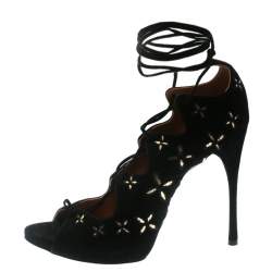 Pre Owned Alaia Black Suede With Metallic Gold Floral Embroidery Scallop Trim Open Toe Pumps Size 40  