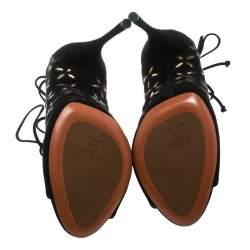 Pre Owned Alaia Black Suede With Metallic Gold Floral Embroidery Scallop Trim Open Toe Pumps Size 40  