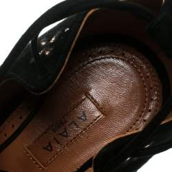 Pre Owned Alaia Black Suede With Metallic Gold Floral Embroidery Scallop Trim Open Toe Pumps Size 40  