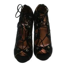 Pre Owned Alaia Black Suede With Metallic Gold Floral Embroidery Scallop Trim Open Toe Pumps Size 40  