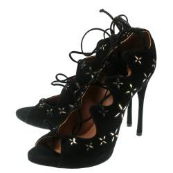 Pre Owned Alaia Black Suede With Metallic Gold Floral Embroidery Scallop Trim Open Toe Pumps Size 40  