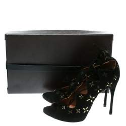 Pre Owned Alaia Black Suede With Metallic Gold Floral Embroidery Scallop Trim Open Toe Pumps Size 40  