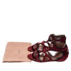 Pre Owned Alaia Maroon Suede Scallop Trim Eyelet Embellished Ankle Cuff Flat Sandals Size 35