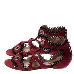 Pre Owned Alaia Maroon Suede Scallop Trim Eyelet Embellished Ankle Cuff Flat Sandals Size 35