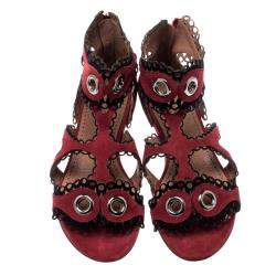 Pre Owned Alaia Maroon Suede Scallop Trim Eyelet Embellished Ankle Cuff Flat Sandals Size 35