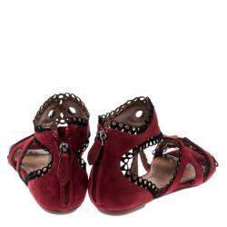 Pre Owned Alaia Maroon Suede Scallop Trim Eyelet Embellished Ankle Cuff Flat Sandals Size 35