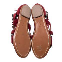 Pre Owned Alaia Maroon Suede Scallop Trim Eyelet Embellished Ankle Cuff Flat Sandals Size 35