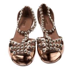 Pre Owned Alaia Brown Leather Studded T Strap Flat Sandals Size 40