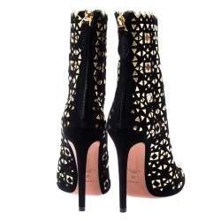 Pre Owned Alaia Black Suede Embellished Lazer Cut Ankle Booties Size 37