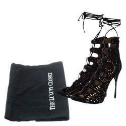 Alaia Black Laser Cut Suede And Metallic Gold Leather Gladiator Boot Sandals Size 37.5