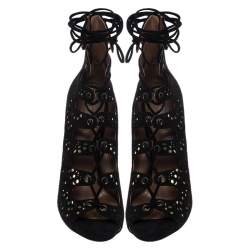 Alaia Black Laser Cut Suede And Metallic Gold Leather Gladiator Boot Sandals Size 37.5