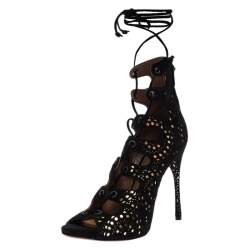 Alaia Black Laser Cut Suede And Metallic Gold Leather Gladiator Boot Sandals Size 37.5