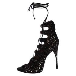 Alaia Black Laser Cut Suede And Metallic Gold Leather Gladiator Boot Sandals Size 37.5