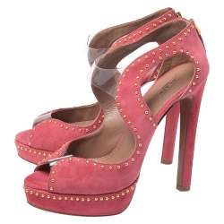 Azzedine Alaia Pink Suede And PVC Studded Peep Toe Platform Sandals Size 38