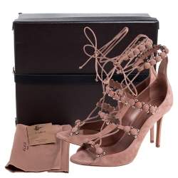 Pre Owned Alaia Beige Suede Bombe Embellished Open Toe Ankle Wrap Sandals Size 39